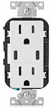 Receptacle, Duplex, with 2x USB(C) Charging Ports, Tamper Resistant, WHITE