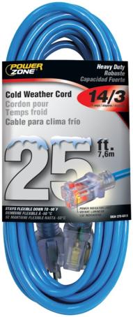 Extension Cord, Outdoor Cold Weather, 25 ft, 14/3 SJTW, 1 Outlet, w/Indicator Light, BLUE