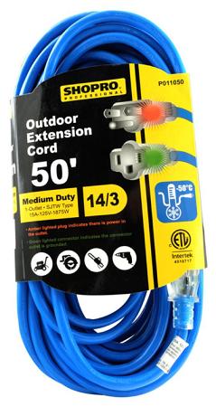 Extension Cord, Outdoor Cold Weather, 50 ft, 14/3 SJTW, 1 Outlet, w/Indicator Light, BLUE