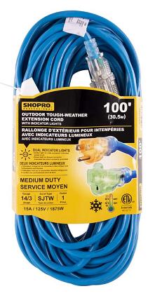 Extension Cord, Outdoor Cold Weather, 100 ft, 14/3 SJTW, 1 Outlet, w/Indicator Light, BLUE