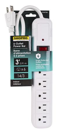Power Bar, 6-Outlet, Lighted On/Off Switch, Surge Protected, 3 foot Cord, WHITE