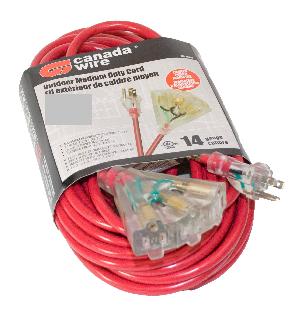 Extension Cord, Outdoor, 30 Meter, 14/3 SJTW, 3 Outlets w/Lit Fantail, RED