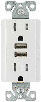 Receptacle, Duplex, Decora, with 2x USB(A) Charging Ports, Tamper Resistant, WHITE, 15 amp, 125 volt