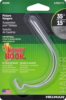 Monkey Hook Picture Hangers, max 35 lb capacity, 4/pkg
