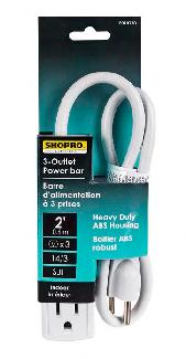 Power Bar, 3-Outlet ABS Case, 2 foot Cord, WHITE, Shopro