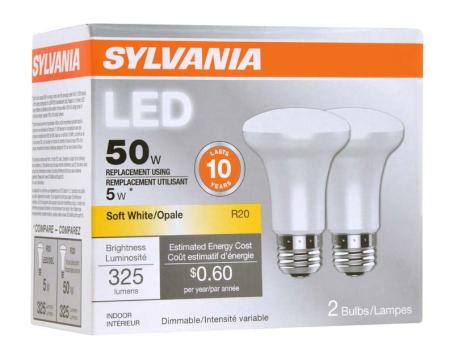 Light Bulb, LED, Floodlight R20, 5 Watt, Soft White, Dimmable, 2/pkg