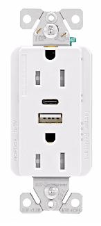Receptacle, Duplex, with 2x USB(A/C) Charging Ports, Tamper Resistant, WHITE, 15 amp, 125 volt