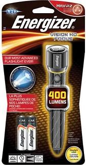 Flashlight, LED 400 Lumen, Metal Case, Focus Beam, Energizer (uses 2xAA, included)