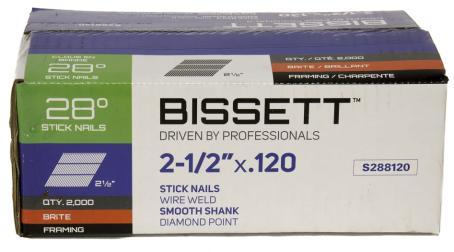 Strip Framing Nails, 2-1/2 x .120, 28-Degree, Wire-Collated, Smooth Shank, Brite Finish, 2000/box