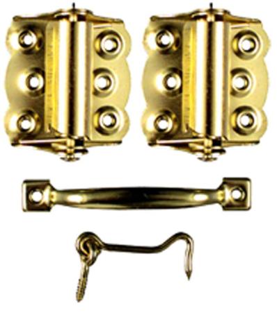Screen Door Hardware Set (1 pr self-close hinges, pull, hook & eye) Brass-Plated, Ideal