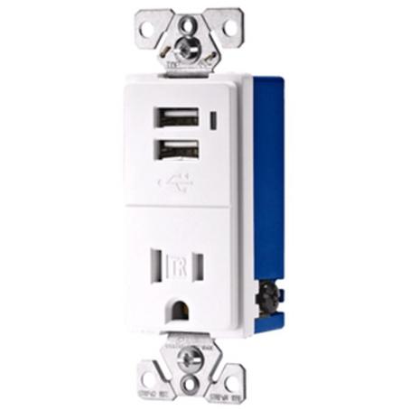 Receptacle, Single, Decora, with 2 USB Charging Ports, Tamper Resistant, White, 15 amp, 125 volt
