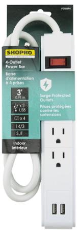 Power Bar, 4-Outlet + 2x USB, Lighted On/Off Switch, Surge Protected, 3 foot Cord, WHITE, Shopro