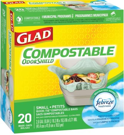 Food Waste Bag, Small, Compostable, 20/pkg (fits kitchen green bin container), Glad 78162