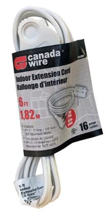 Extension Cord, Indoor, 16/2 SPT x 6 ft, Slimline w/Flat Plug, 3 Outlet, WHITE, Canada Wire