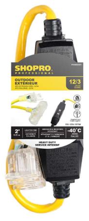 Extension Cord GFCI Adapter, Outdoor, 2 ft long, 12/3 SJTW, 3-Outlet Lighted Fantail, YELLOW