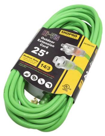 Extension Cord, Outdoor, 25 feet, 14/3 SJTW, 1 Outlets w/Indicator Light, GREEN