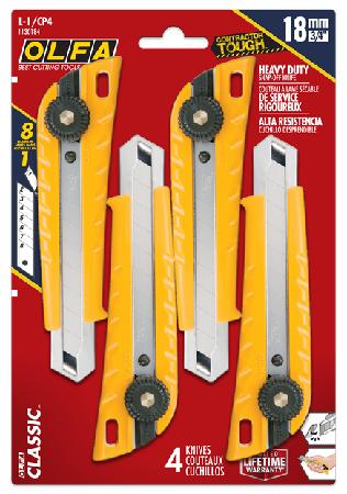 Utility Knife Multi-Pack, Olfa, Heavy Duty Plastic Handle, (uses 18mm snap-off blades), 4/pkg