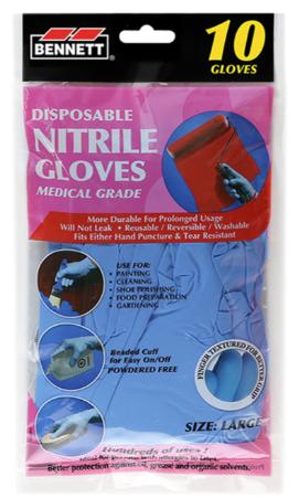 Gloves, Disposable, Nitrile, Large, 10/pkg, Bennett