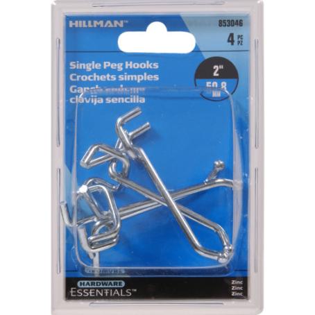 Pegboard Hook, 2-inch Single, 4/pkg