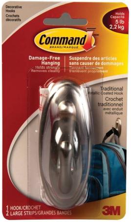 Hook, Self-Adhesive, Large, 3M Command, Traditional BRUSHED NICKEL, 1/pkg (5 lb capacity)