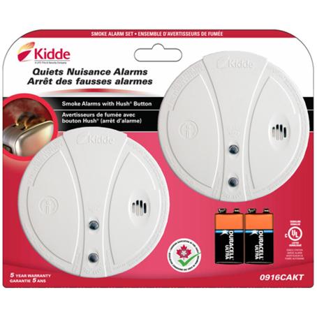 Smoke Alarm, 9 volt Battery, Test/Hush Button, Kidde, 2/pkg